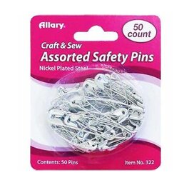 Allary Safety Pins 50/PKG Nickel Plated Steel, Assorted Sizes